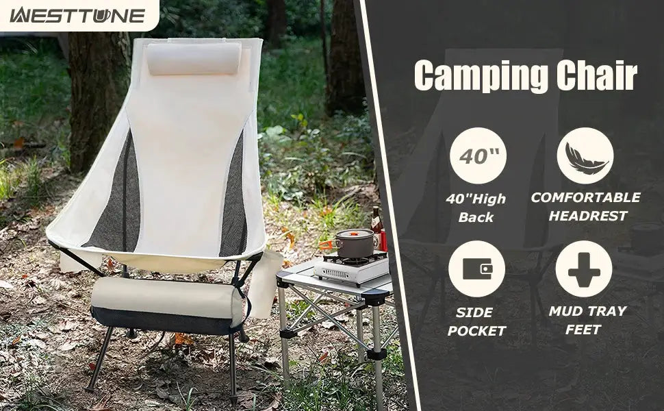 WESTTUNE portable folding camping chair with headrest; cream fabric and gray mesh panels, aluminum alloy frame