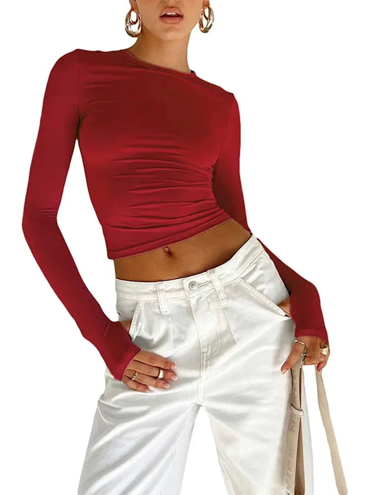 Womens Long Sleeve Crew Neck Crop Top With Thumb Holes Slim Fit Solid Color Streetwear For Daily Summer