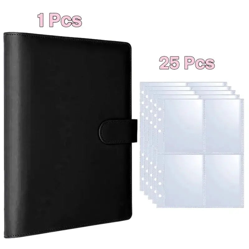 A5 PU leather photocard binder with snap closure; includes 25 clear 4-grid pages