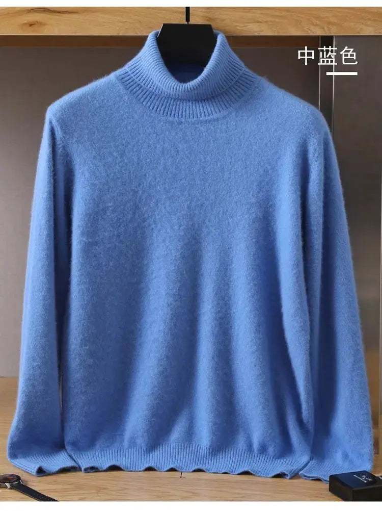 Men's mink-velvet cashmere sweater in medium blue with a high ribbed collar, Simples Market knit pullover