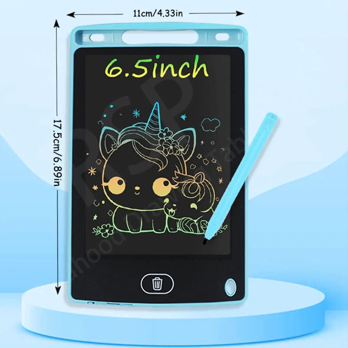 Simples Market 6.5-inch blue LCD drawing tablet for kids with stylus featuring unicorn artwork
