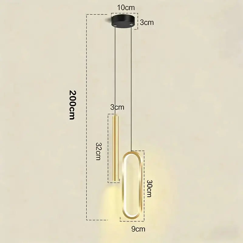 Nordic LED pendant light by Simples Market with dual vertical tubes and gold-finish, glowing U-shaped loop