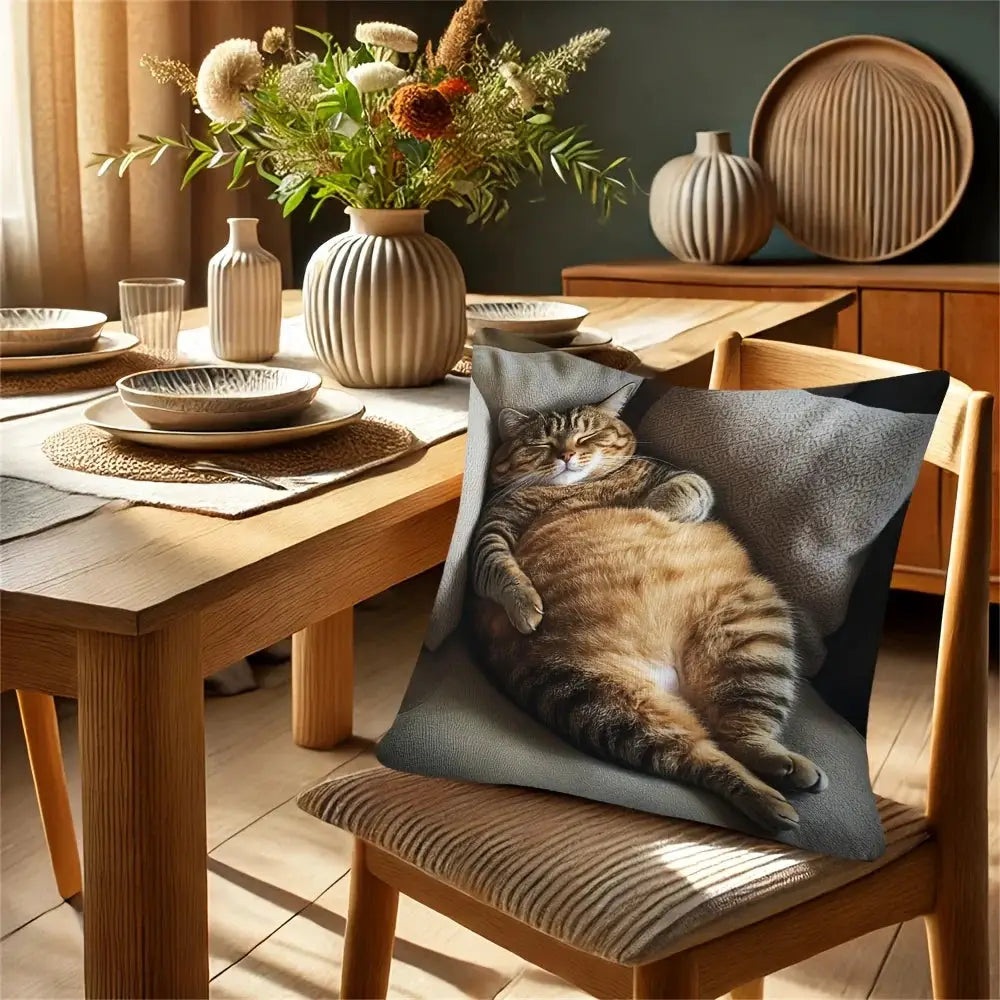 Fat Cat Lying Down Print Pillowcase by Simples Market; gray background with sleeping tabby cat