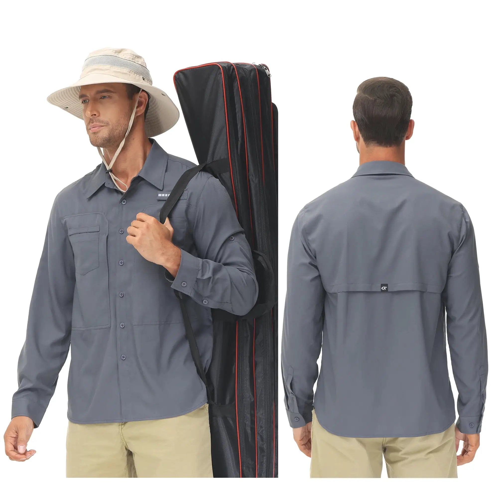Simples Market men's long-sleeve fishing shirt, gray, UPF 50+ sun protection, breathable, button-down with zip pocket