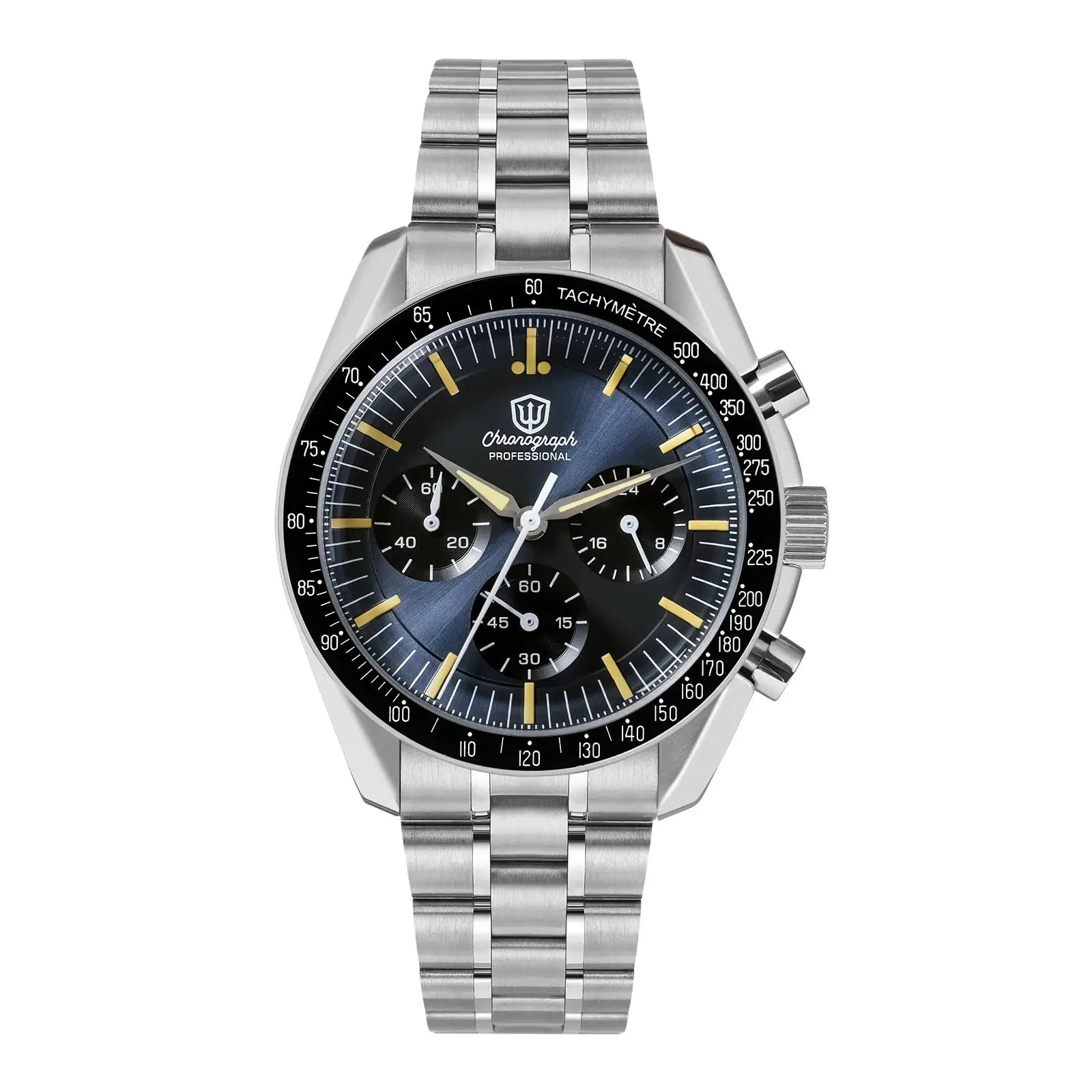 Watchdives WD1863 chronograph watch; 39mm stainless steel bracelet with blue dial and black tachymeter bezel