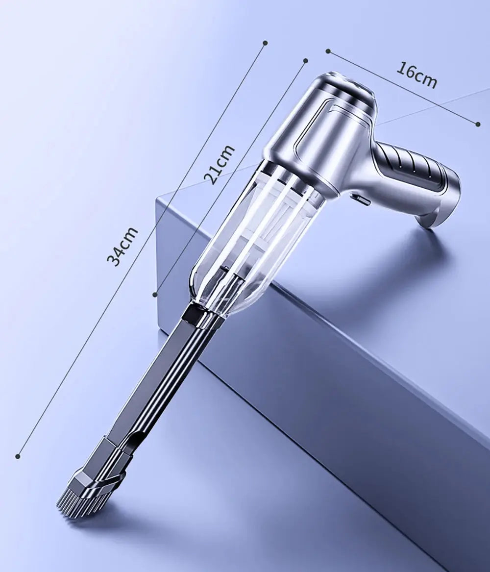 Car vacuum cleaner Simples Market; wireless handheld with transparent canister and silver wand, strong suction
