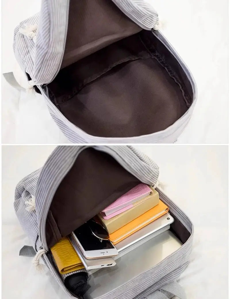 Personalized kids backpack by Simples Market, gray striped corduroy, open to show roomy interior