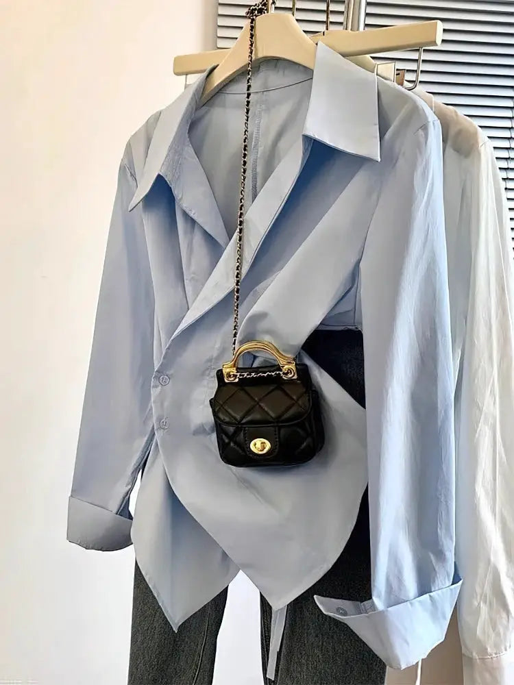Designer Irregular Long Sleeve Polo Shirt Women Tunic White Elegant Basic Top Blouse For Workwear