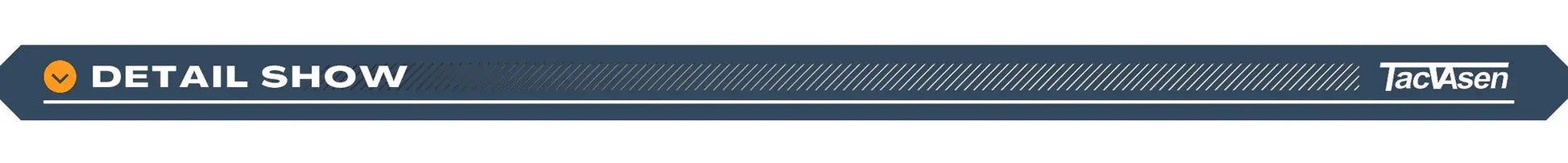 Detail show banner featuring TacVasen logo and diagonal stripe pattern on a dark blue background