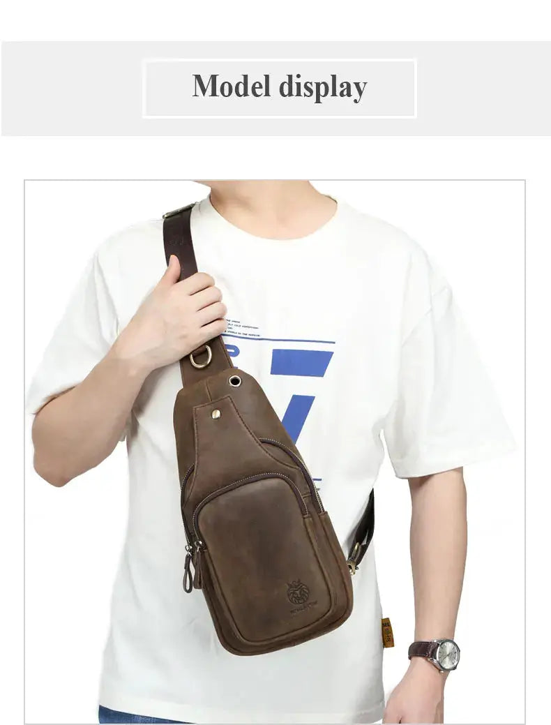 SCHLATUM leather chest bag in brown with front zipper pocket and adjustable crossbody strap