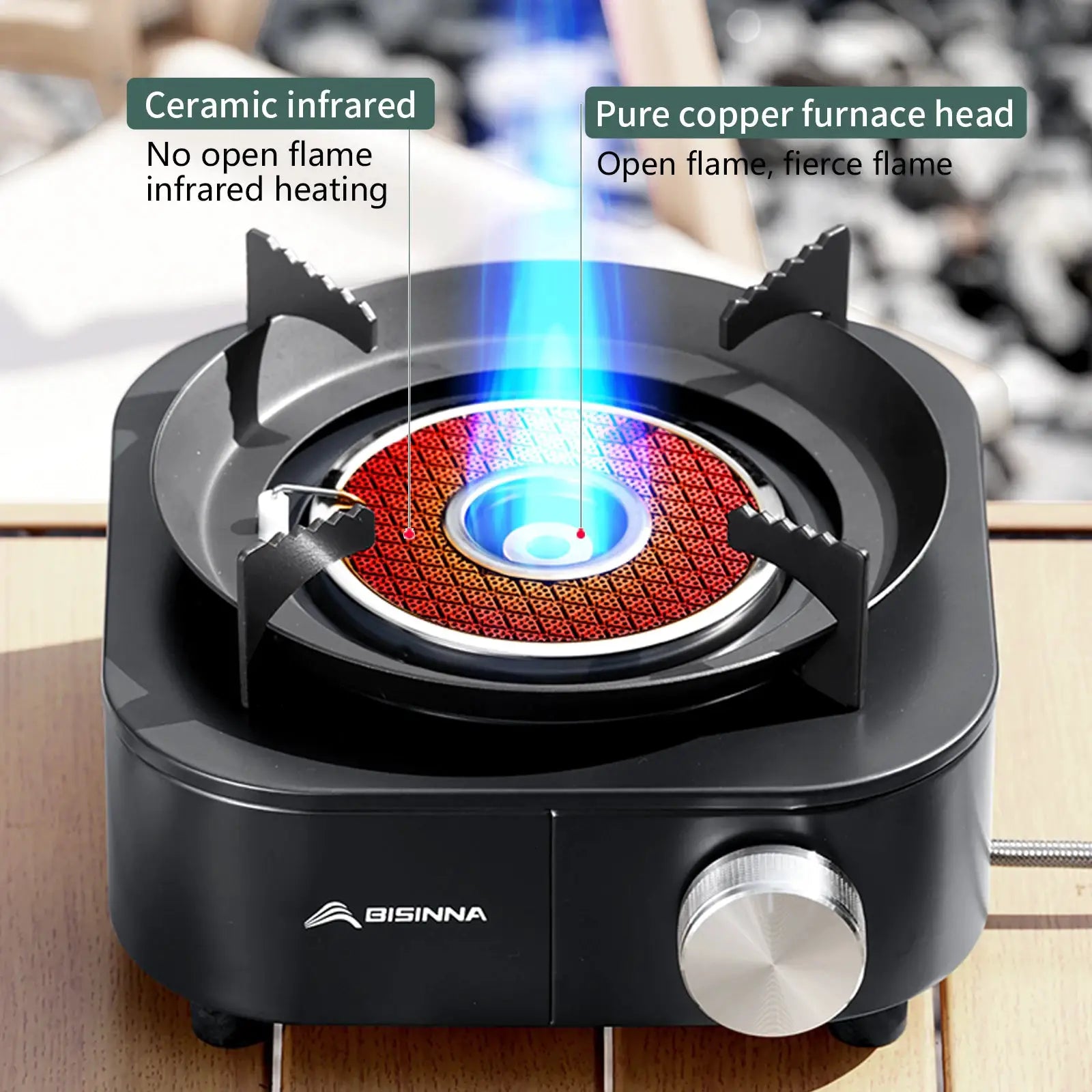 BISINNA 4000W infrared stove, portable black gas burner with silver control knob