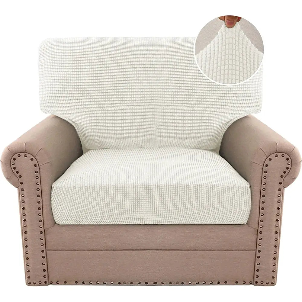 Jacquard pure sofa cover on cream armchair; polar fleece stretch, removable couch protector.