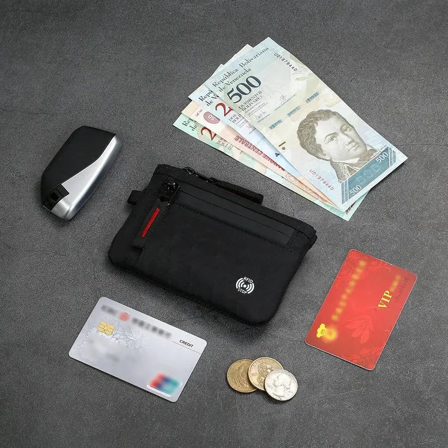 Simples Market luxury RFID card holder, black nylon slim wallet with carabiner and coin purse