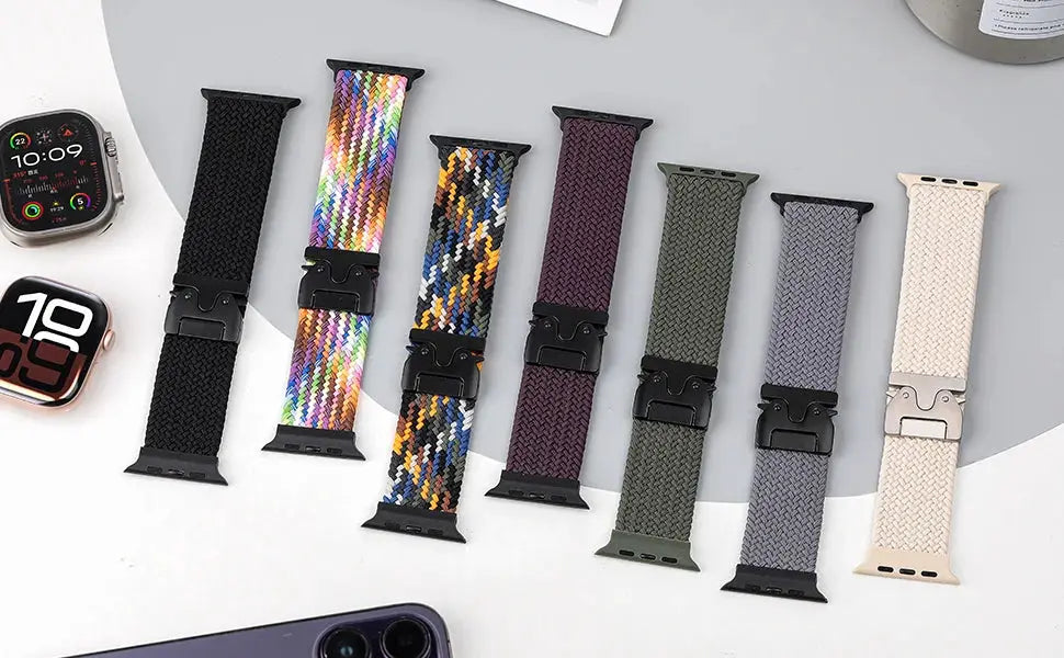 Parachute braided Apple Watch bands set by Simples Market; 9 assorted colors for 41–49mm watches.