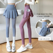 Women fake two-piece leggings by Simples Market; high-waist seamless leggings with side pocket in blue and mauve.