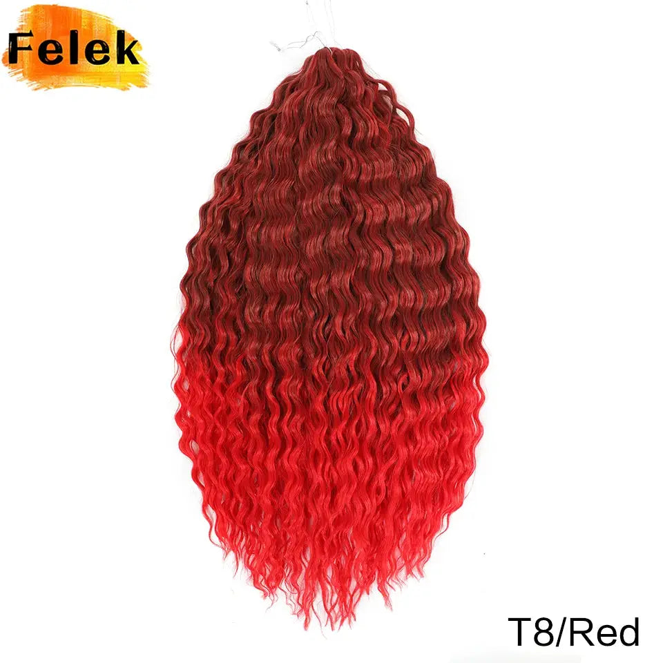 Ariel Curls crochet hair bundle in red ombre with water-wave, synthetic braiding hair; Felek logo visible