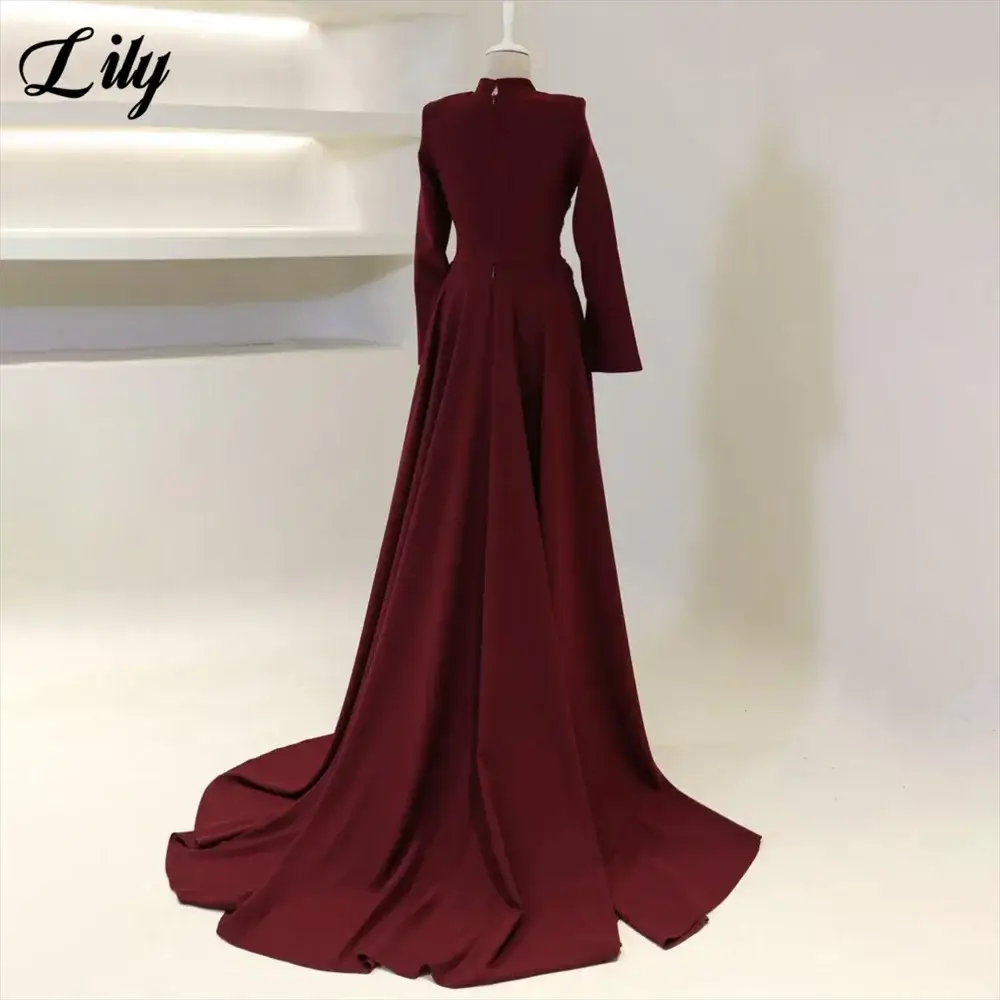 Lily Burgundy Satin Mermaid Prom Dress With High Neck Sleeves Dubai