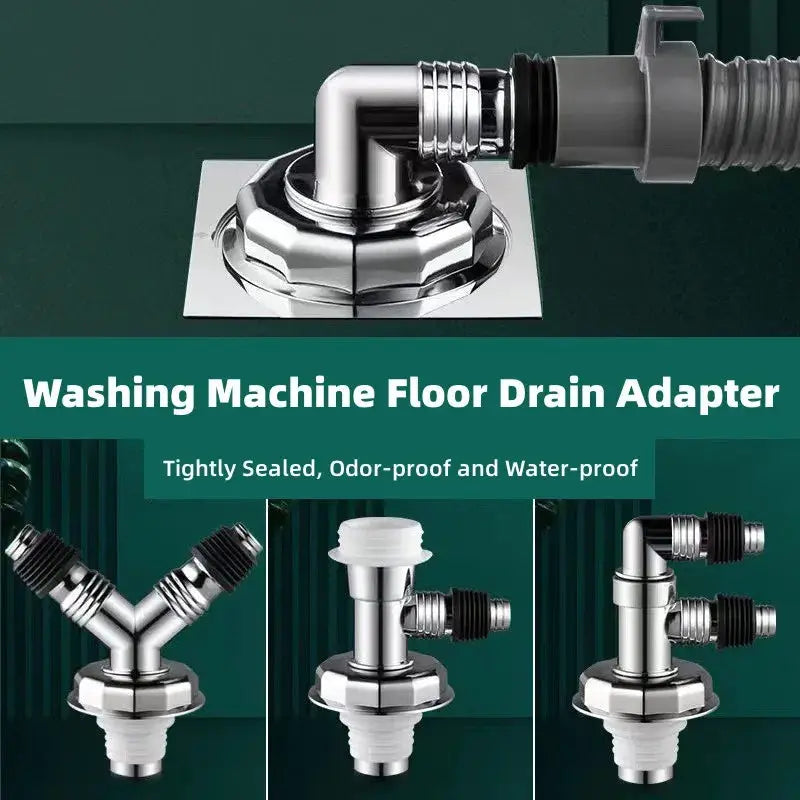 Washing machine floor drain adapter set with chrome metal elbow connector and three hose adapters
