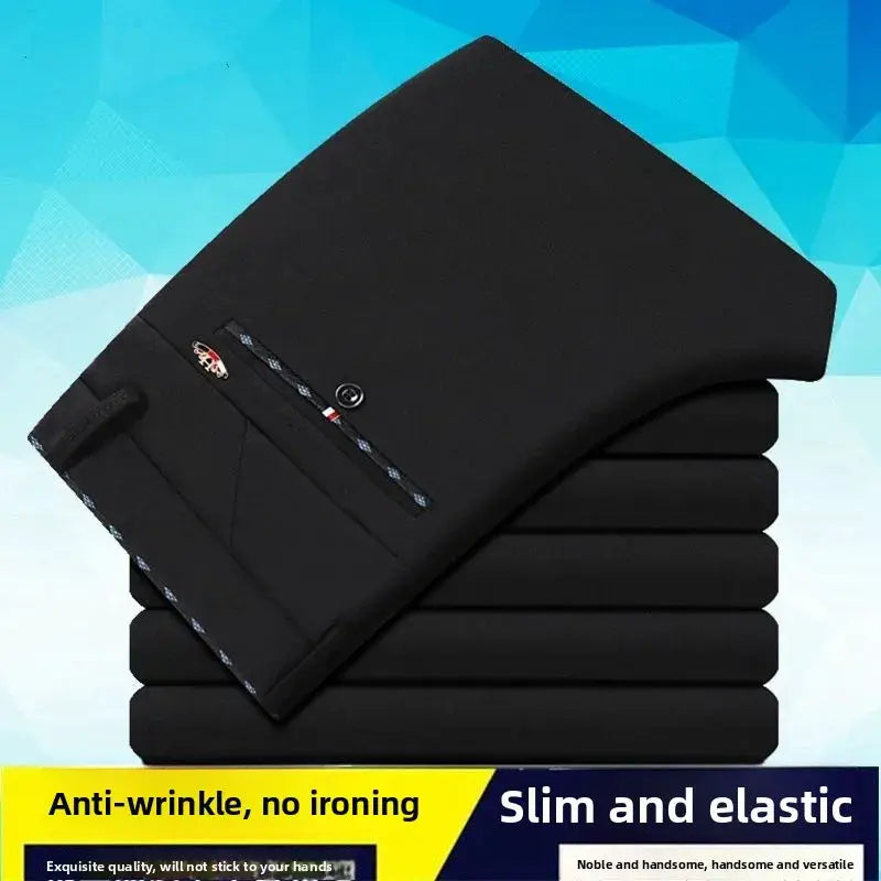 Men's black elastic waist dress pants, wrinkle-resistant, slim fit office trousers, stacked