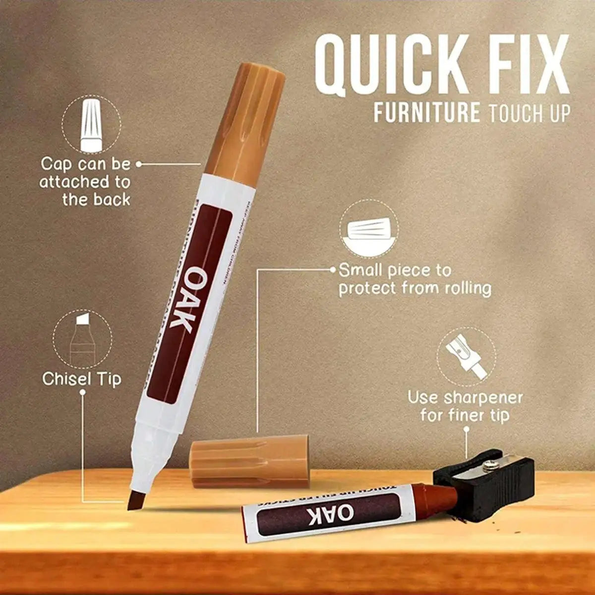 OAK furniture touch-up markers set; brown chisel-tip pens with cap and mini sharpener