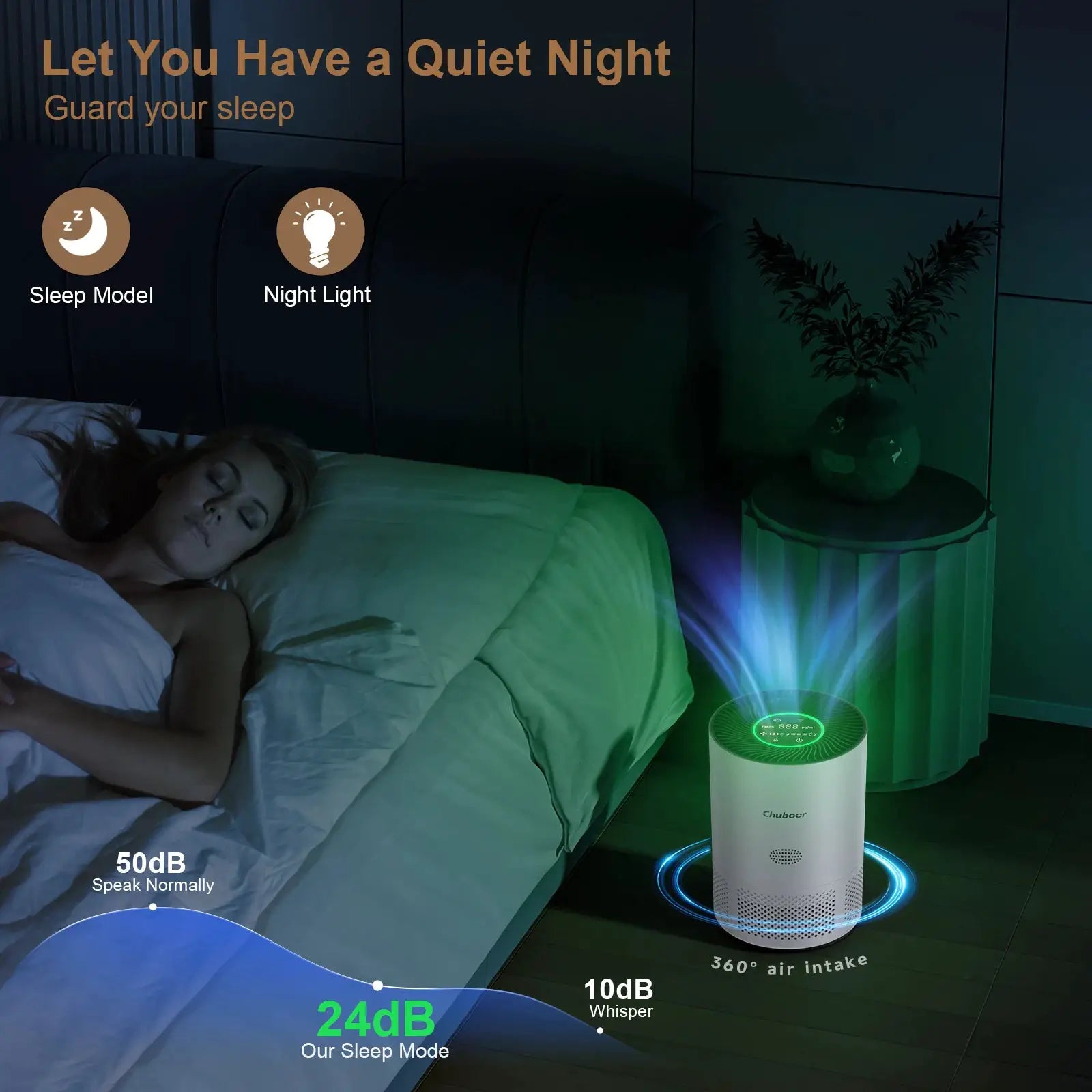 Chuboor air purifier by Simples Market; white cylindrical HEPA unit with 360° air intake and blue glow