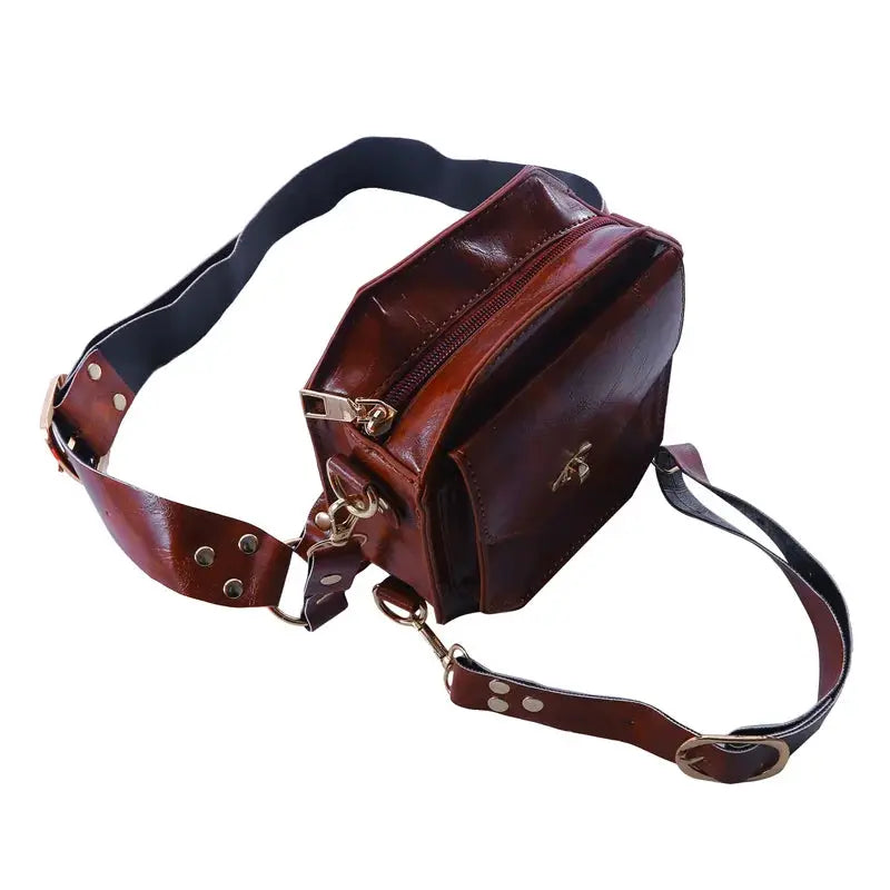 Punk Retro PU Waist Bag by Simples Market; brown leather-like square crossbody with gold hardware