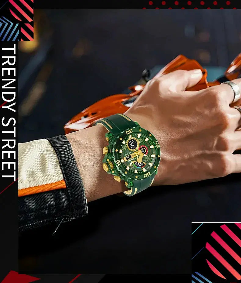 Military-style men's sports watch with green silicone strap, gold-tone bezel and chronograph subdials
