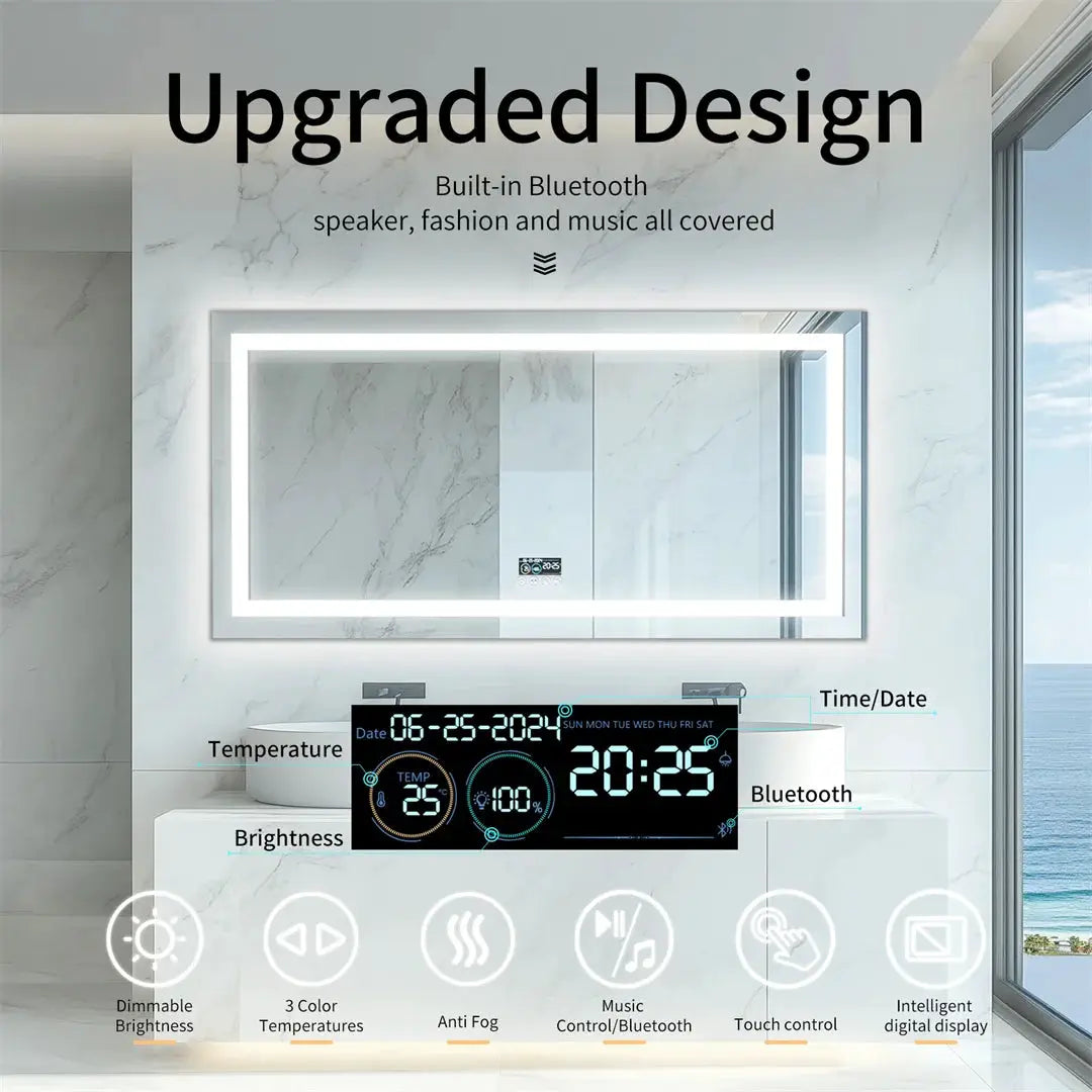 LUVODI Large Bluetooth Bathroom Mirror with LED light, anti-fog vanity, Bluetooth speaker, 3 color temps