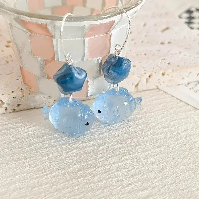 Goldfish drop earrings, pair of translucent blue fish with dark blue bead accents