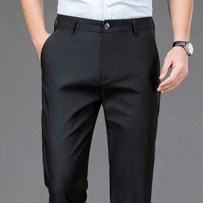 Men's Smart Casual Stretchy Pants Fast Dry Office Trousers Full Length Straight Leg Black Navy