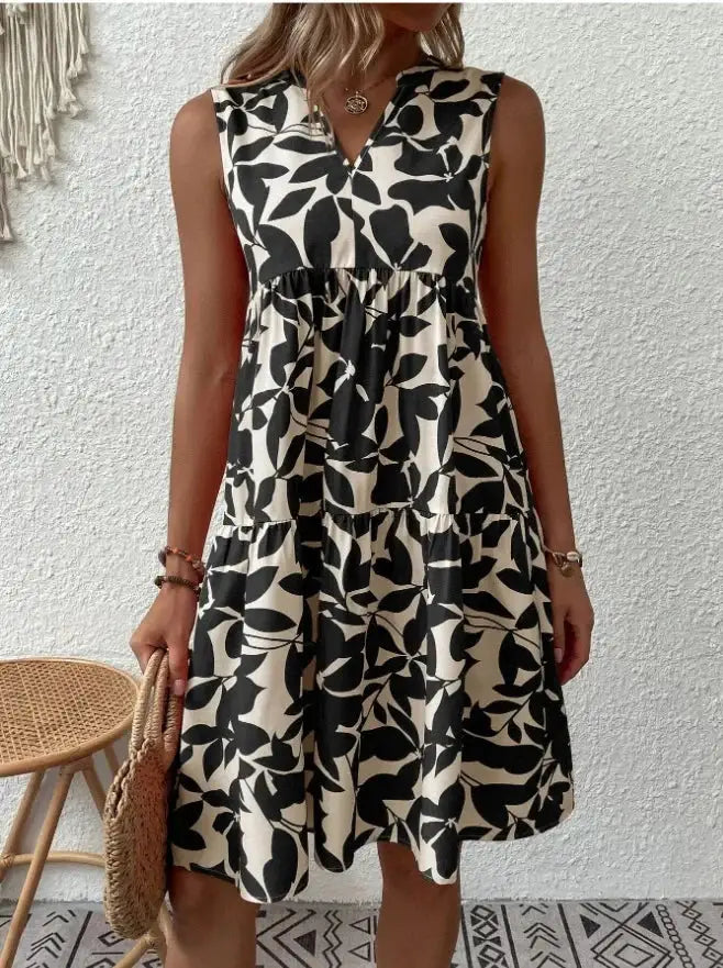 Women Boho Print Mini Dress Sleeveless V Neck Ruffle Beach Sundress