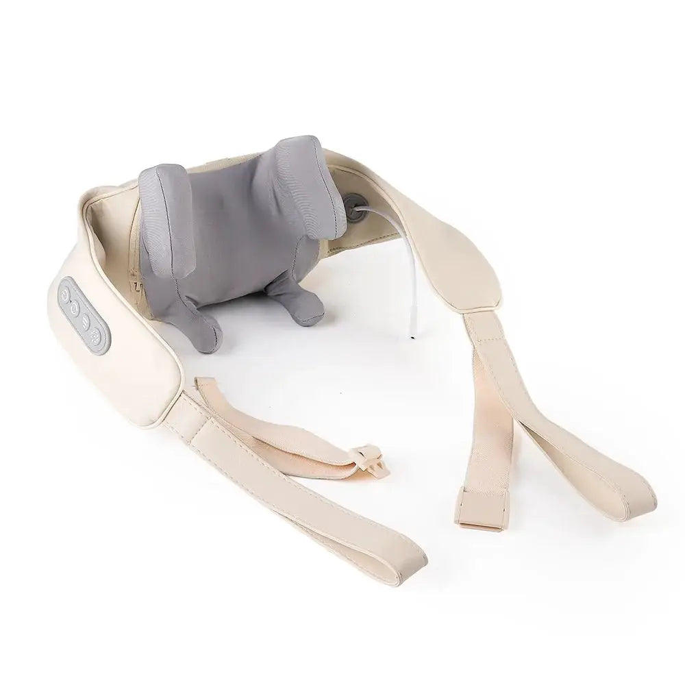 Foreverlily 26W brushless motor neck and shoulder massager, beige wireless shawl with gray kneading pillow.