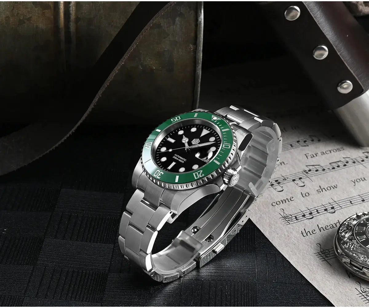San Martin 40mm Water Ghost diver watch with green bezel and stainless steel bracelet