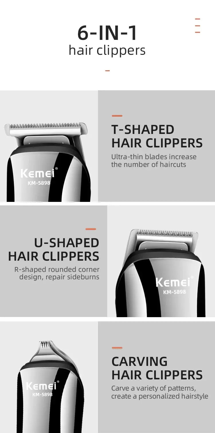 Kemei KM-5898 waterproof grooming kit with 6-in-1 hair clippers, black-silver finish