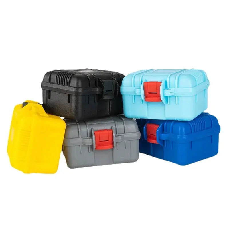 PP toolbox set by Simples Market; 5 small storage cases in yellow, gray, black, light blue and blue