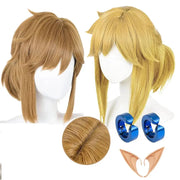 Link cosplay wig set: heat-resistant synthetic wig in blonde and brown with elf ears and blue earrings