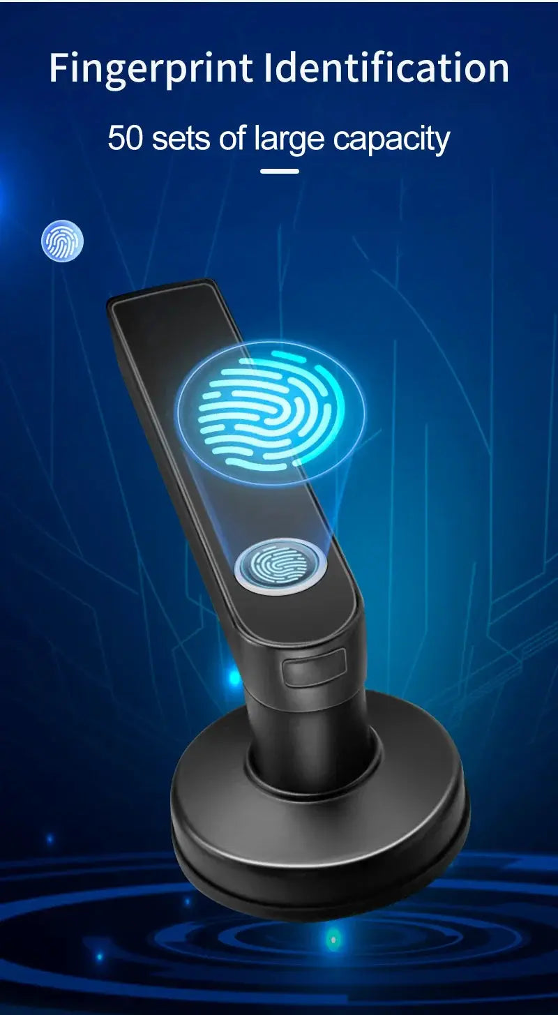 Black smart fingerprint door lock with blue illuminated fingerprint reader