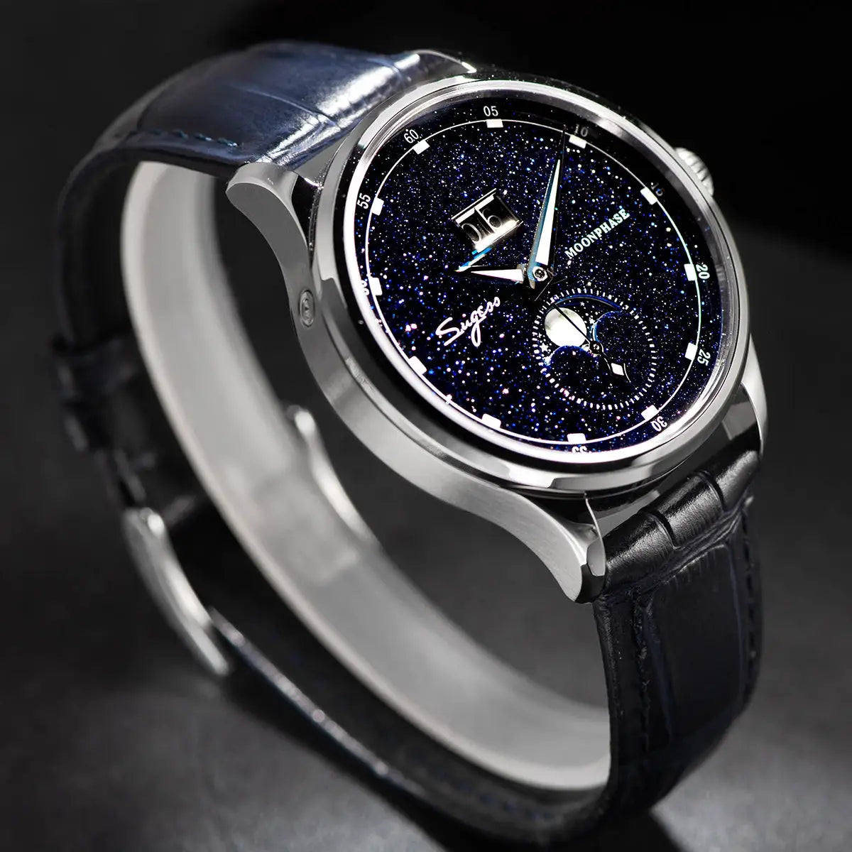 Sugess moonphase men's 40mm watch with stainless steel case, blue sandstone dial, and blue leather strap