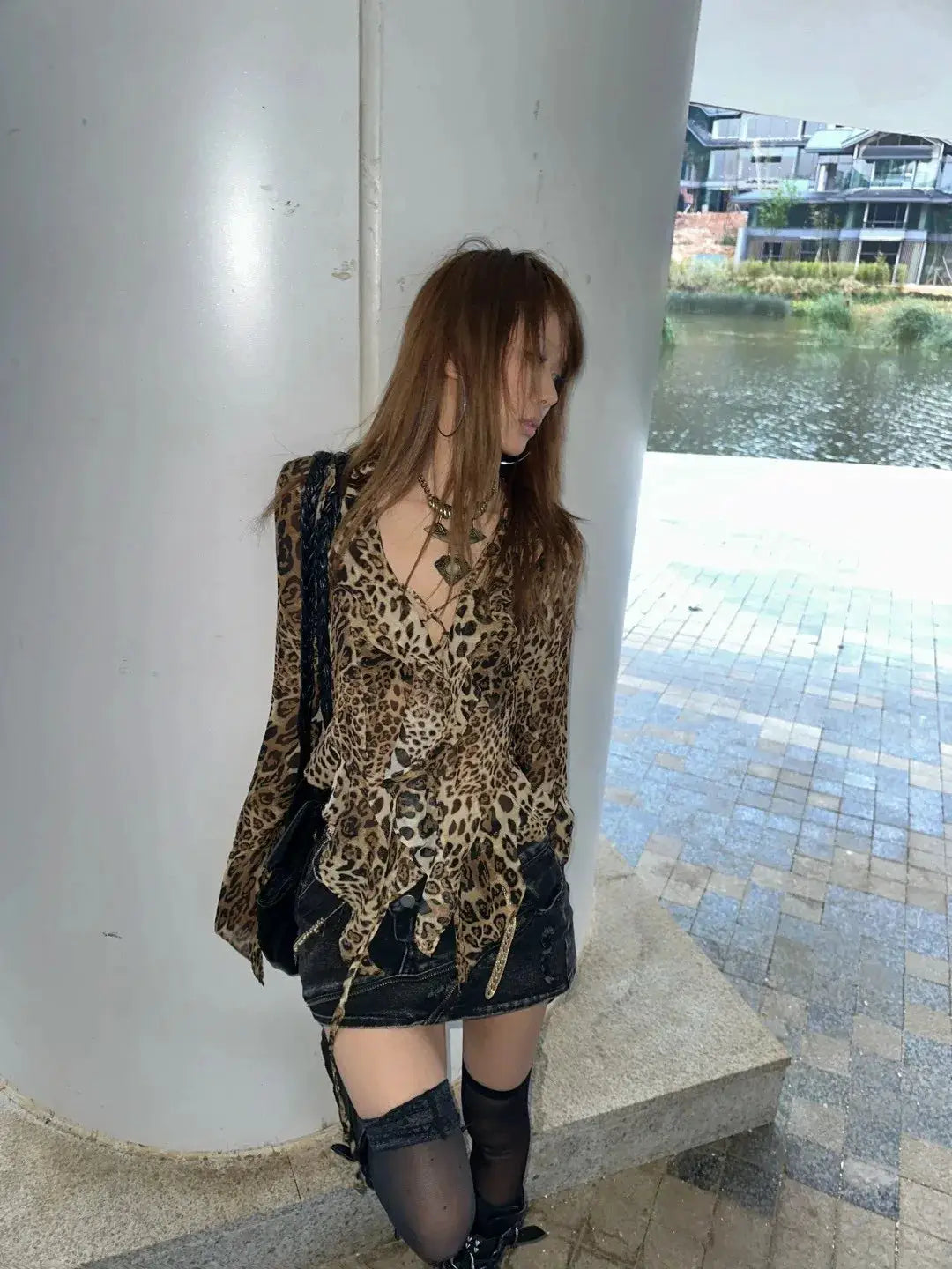 karrram leopard print Y2K blouse with ruffles and V-neck, vintage Harajuku style.