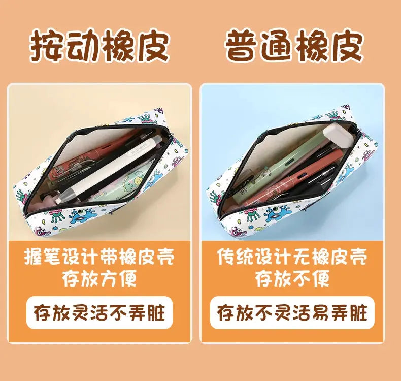 KHINSUN retractable pencil eraser pen-style; pair shown in a patterned zippered pouch.