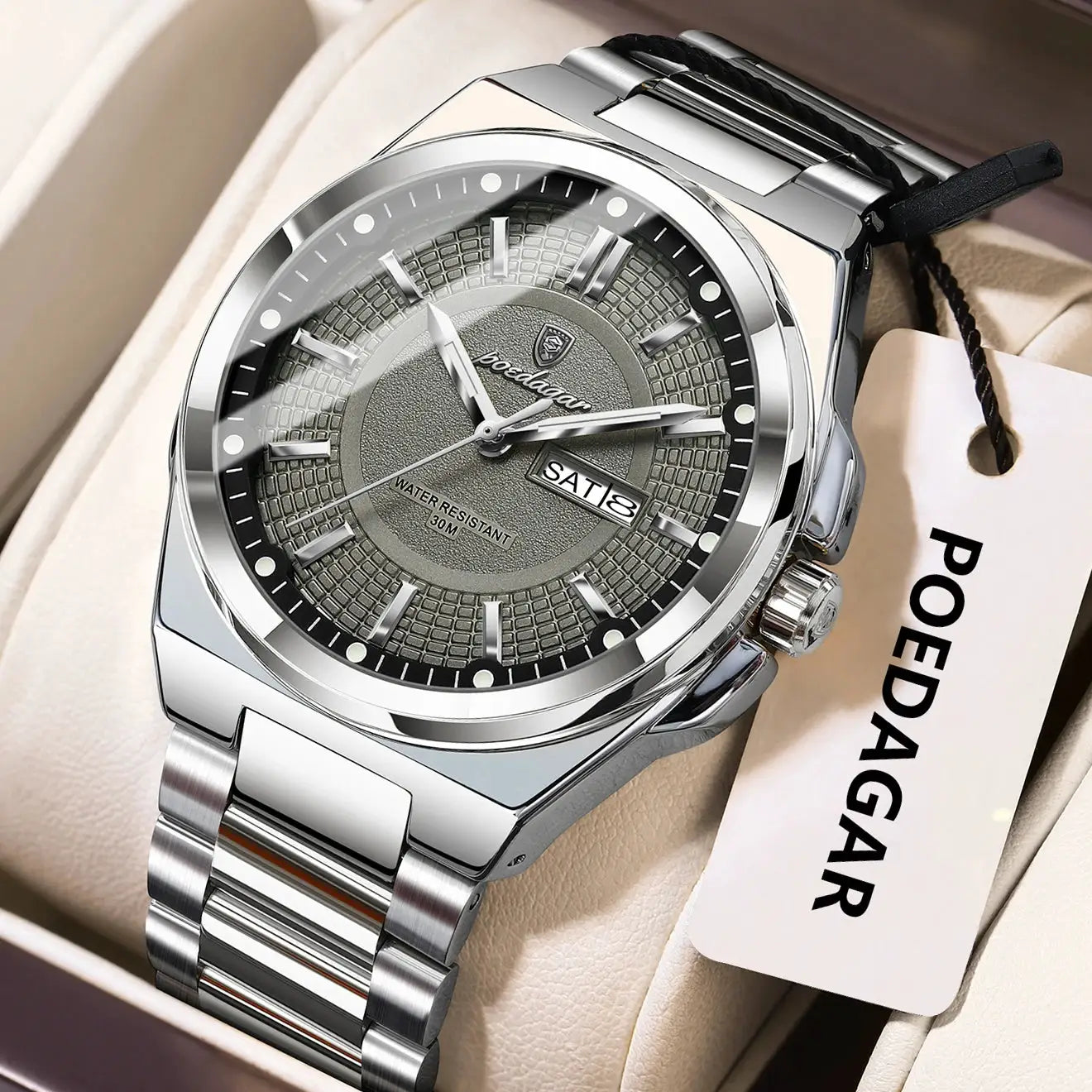 POEDAGAR sport men's stainless steel wristwatch with silver dial, date window, luminous hands, 30m water resistant