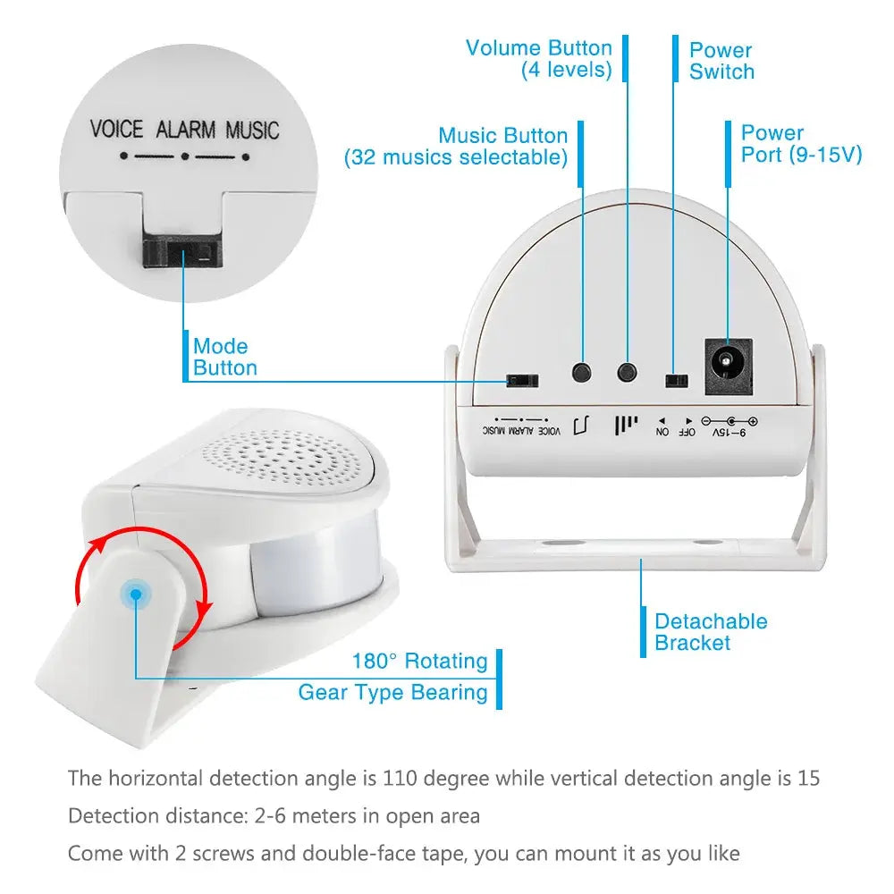 FUERS wireless guest welcome doorbell with PIR motion sensor, white finish, detachable bracket, Simples Market