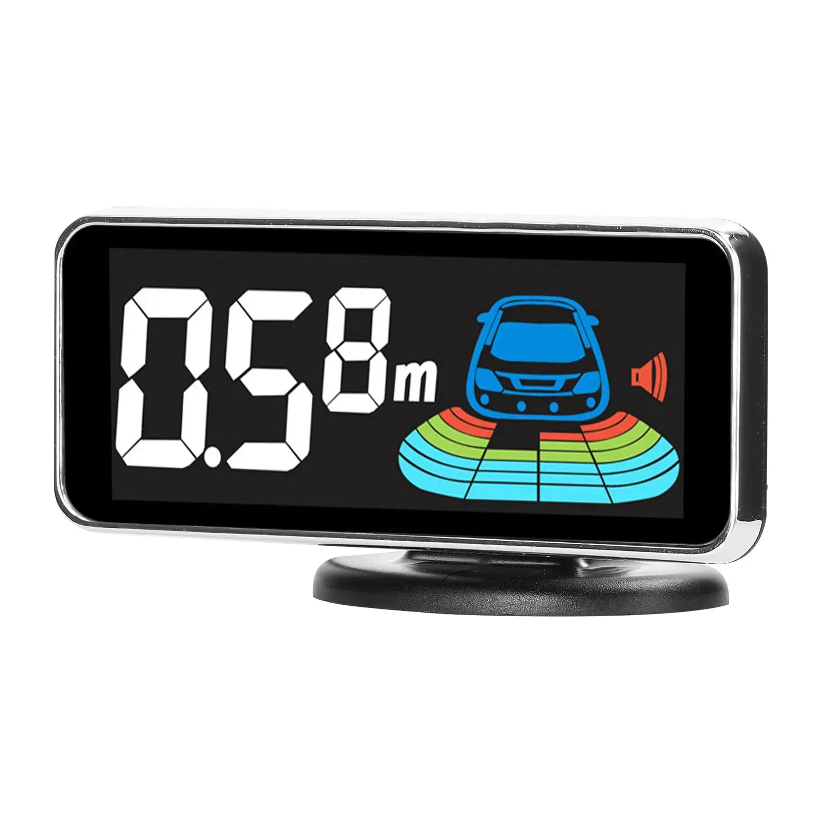 Car parking sensor LCD display unit with chrome bezel and stand, showing distance readout and car graphic