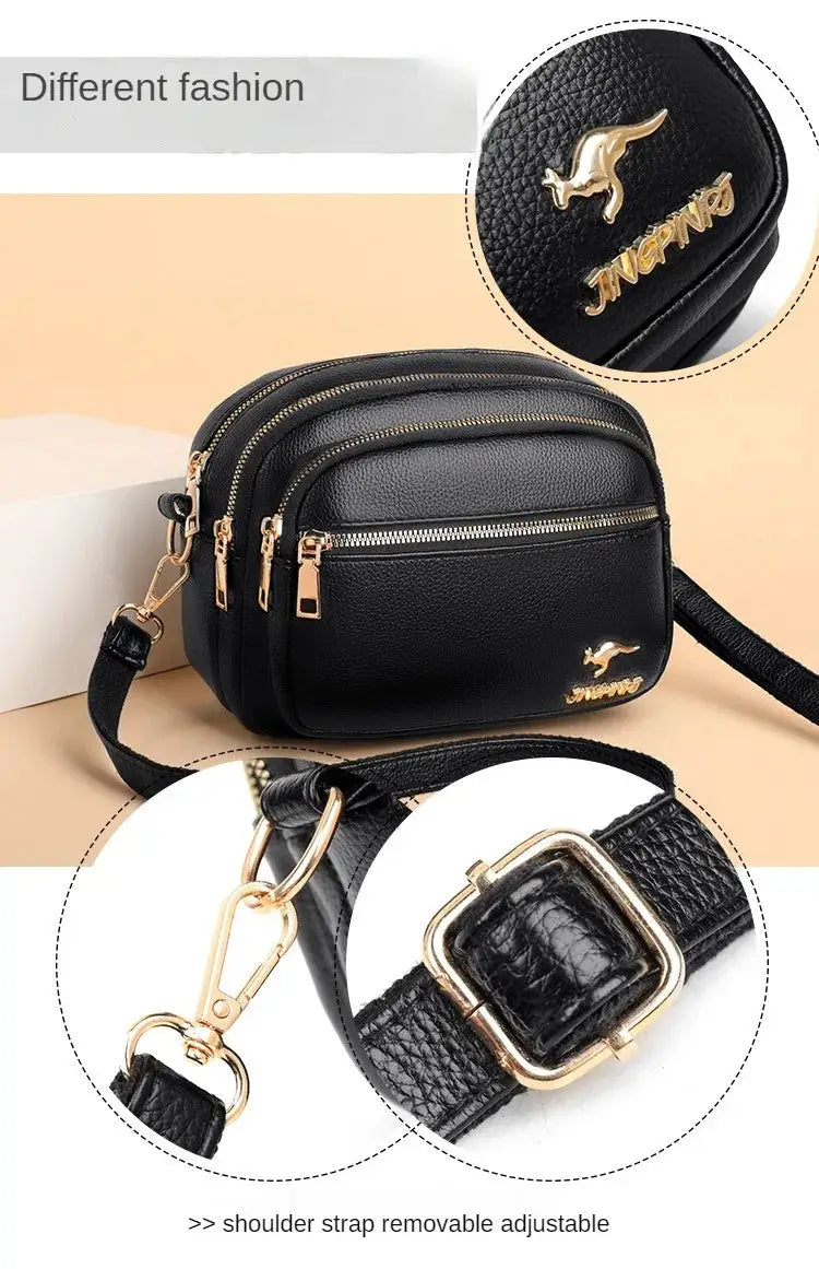 Simples Market black soft leather purse crossbody bag with multiple zip pockets and gold hardware
