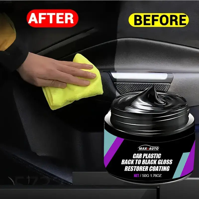 Car plastic back-to-black gloss restorer by Max Auto; interior leather/plastic repair wax with yellow cloth