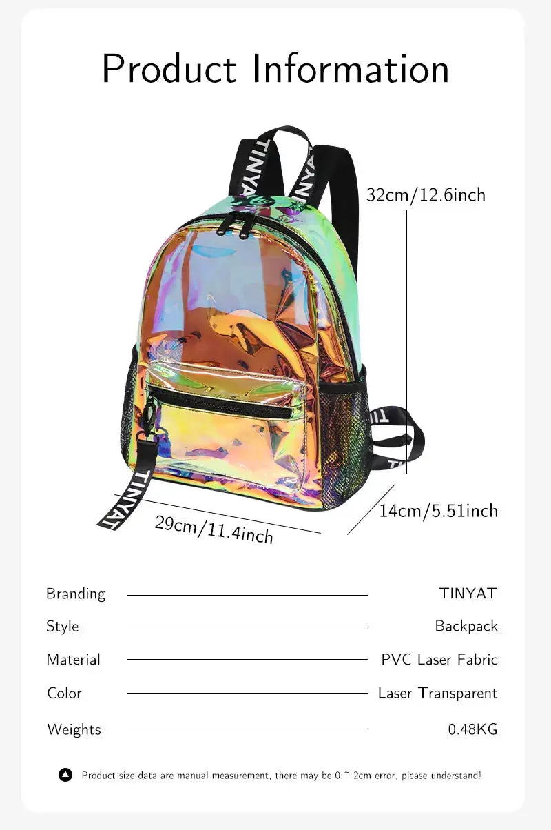 TINYAT PVC clear backpack for women with iridescent holographic finish, black straps and mesh side pockets