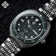 IXDAO IPOSE 2026 men’s automatic diving watch with Poseidon-pattern dial, green bezel, stainless steel bracelet