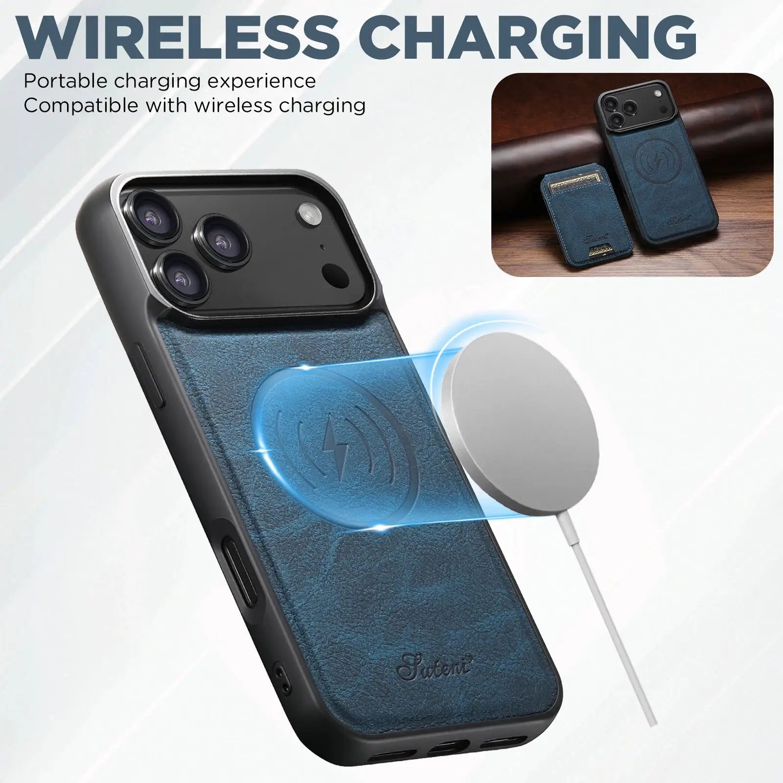 SUTENI Wireless Charging Case With Magnetic Card Holder Stand For iPhone 12 Through 17 Pro Max PU Leather