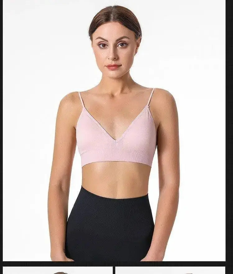 Simples Market V-neck seamless triangle-cup bra camisole in light pink, breathable stretch fabric