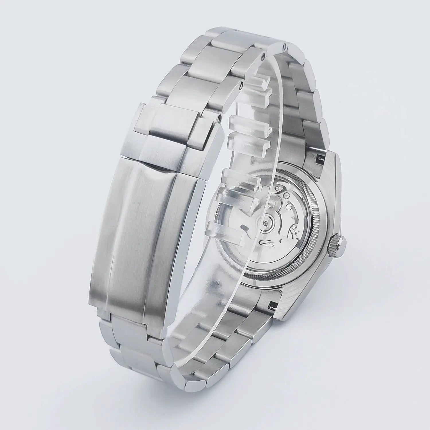 Men's stainless steel Corgeut automatic wristwatch with transparent caseback and steel bracelet